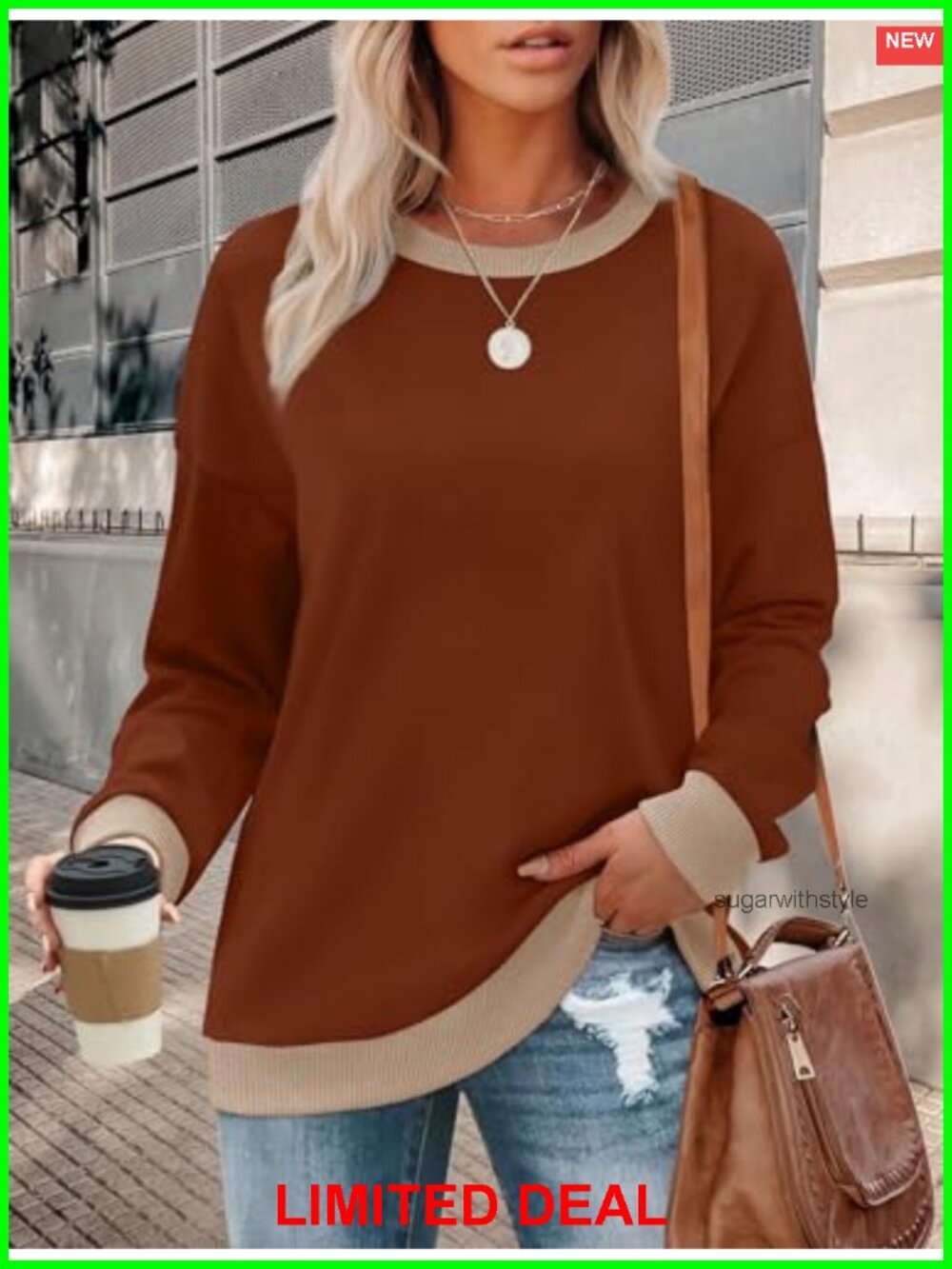 Women's Crewneck Sweatshirt Long Sleeve Loose Fit Color Block Ribbed Trim